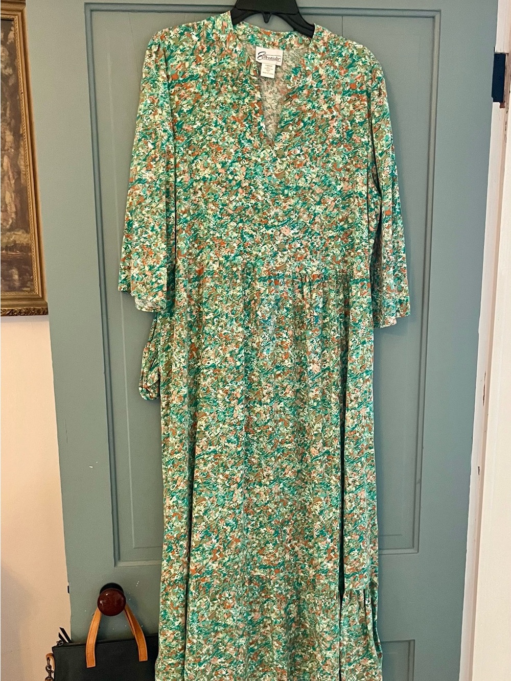 Essentials Green & Tan Floral Maxi Dress, NWOT